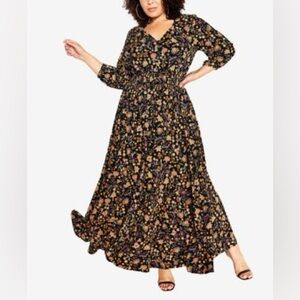 City Chic “Allison” Dress - VNeck Full Length Floral 3/4 Sleeve - M (Plus) - EUC